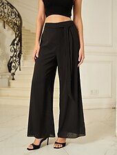 economico gamba larga e vita alta-Per donna Culotte Gamba Larga Pantaloni Elegante Lunghezza intera Vita media Semplice Elastico in vita Micro-elastico Formale Ufficio Abbigliamento Quotidiano Nero Estate Primavera Autunno