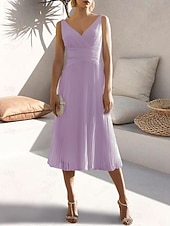 cheap Cocktail Dresses-A-Line Cocktail Dresses Elegant Dress Formal Wedding Guest Tea Length Sleeveless V Neck Chiffon with Ruched Pure Color Dresses