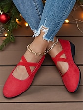 preiswerte Ballerinas für Damen-Rote Damen-Ballerinas aus Wildlederimitat mit gekreuzten Riemen – bequeme Mary-Jane-Schuhe mit niedrigem Keilabsatz für Weihnachtsfeiern, Herbstoutfits und entspannte Wochenendspaziergänge