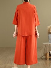 billige Settene-Dame Elegant Mote Gatemote Linsett i bomull 3/4 ermer Skjortekrage Helfarge utendørs Arbeid Avslappet Oransje Brun Kakifarget Sommer Normal