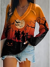 abordables Hauts d&amp;#39;Halloween-Halloween Femmes T-shirt Graphique Halloween Sorcière Élégant ancien Classique manche longue Col en V Hauts Réguliers Quotidien Sortir Week-end Imprimé Noir et gris Vert cendré Blanche Bleu Orange