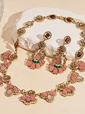 economico Collana da donna-Set di gioielli vintage da donna con cristalli floreali: elegante collana in oro e orecchini pendenti con pietre preziose rosa e verdi, accessori romantici per balli serali e cocktail party