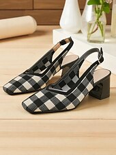cheap Block Heels-Women&#039;s Red Gingham Slingback Block Heel Pumps - Retro Style Knit Dress Shoes for Comfortable Walking, Casual Picnic, Summer Parties, and Daily Office Wear