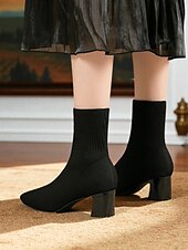 preiswerte Stiefeletten-Marineblaue Strick-Sockenstiefel für Damen – spitze Stretch-Stiefeletten mit Blockabsatz für elegante Alltags- und Herbstoutfits