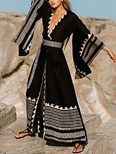 preiswerte Ausgefallene Kleider-Langes Damenkleid Maxikleid Boho-Kleid Freizeitkleid Swing-Kleid Sommerkleid Vintage Urlaub Alltag Strand Regular Fit Geometrisch 3/4-Ärmel V-Ausschnitt Schwarz Sommer Frühling Herbst