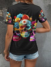 abordables Hauts d&amp;#39;Halloween-Halloween Femmes T-shirt Fleuri Graphique Crâne ancien Élégant Classique Manche Courte Col en V Hauts Réguliers Quotidien Imprimé Noir Orange Gris Été Printemps