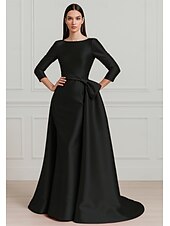 preiswerte ROT-rot-schwarzes A-Linien-Abendkleid, elegantes Kleid, formelle Hochzeit, bodenlang, 3/4-Ärmel, Rundhalsausschnitt, Stretch-Satin mit Falten, 2025