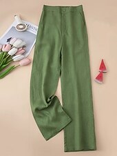 Dámské chino kalhoty s širokými nohavicemi z bavlny a lnu, etnický styl, základní, ležérní, plná délka, střední pas, bez kapes, pohodlné, outdoor, neelastické, ležérní, denní, černá, bílá, zelená, khaki, léto, jaro, regular fit levne Hladké bavlněné plátěné kalhoty-Dámské chino kalhoty s širokými nohavicemi z bavlny a lnu, etnický styl, základní, ležérní, plná délka, střední pas, bez kapes, pohodlné, outdoor, neelastické, ležérní, denní, černá, bílá, zelená, khaki, léto, jaro, regular fit