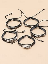 billige Menns smykker-Sett med armbånd i skinn med hodeskalle-anheng for menn – justerbart punk-armbånd i ekte skinn til halloween-fest, cosplay og rockekonserter