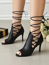 abordables Fête de la Vie Nocturne-Bottines noires à talons hauts et bout ouvert pour femmes - Bottines courtes à lacets pour les soirées et les tenues de fête