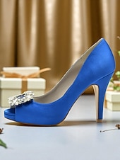 クリスタルバックル付きレディースサテンピープトゥパンプス - カクテルパーティーや夜のイベントに最適な、クラシックな女性用ハイヒールドレスシューズ お買い得  カクテル-クリスタルバックル付きレディースサテンピープトゥパンプス - カクテルパーティーや夜のイベントに最適な、クラシックな女性用ハイヒールドレスシューズ