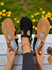 preiswerte Damenhausschuhe und -halbschuhe-Ballerinas für Damen mit breiter Zehenpartie aus Wildlederimitat und verstellbarem Riemen – bequeme Freizeitschuhe für Garten, Park und Spaziergänge im Freien