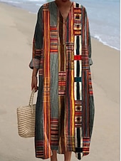 economico Abiti a Strisce e Geometrici-Per donna Abito Midi Vestito Estivo Abito a trapezio Vacanza Casual Boho Uscire Spiaggia Grafico Geometrico A righe Manica Lunga Scollo a V Nero Giallo Rosa Rosso Estate Primavera Autunno