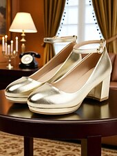 abordables Estilo Disco y Hippie de los años 70-Zapatos de tacón cuadrado con plataforma dorada para mujer, años 80: zapatos de fiesta retro con tira en el tobillo y punta redonda brillante para discotecas, bailes y cócteles.