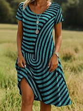 preiswerte Streifen- und geometrische Kleider-Damen Minikleid Freizeitkleid T-Shirt-Kleid Sommerkleid A Linie Kleid Lässig Normale Passform Grafik Geometrisch Kurzarm V Ausschnitt Rote Blau Purpur Braun Sommer Frühling