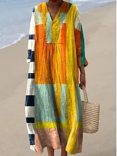 economico Abiti a Strisce e Geometrici-Per donna Abito maxi Vestito Estivo Abito a trapezio Vacanza Casual Boho Feste Uscire Spiaggia Grafico Geometrico Manica Lunga Scollo a V Bianco Blu Arancione Estate Primavera Autunno