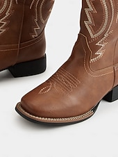 cheap Cowboy &amp; Western Boots-Women's Western Cowboy Boots with Embroidered Stitching – Faux Leather Mid-Calf Boots for Fall Festivals, Farm Work &amp; Country Outfits