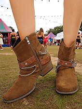 abordables Botines-Botines de ante marrón para mujer con detalle de cadena y cinturón: botines de tacón grueso de estilo western de moda para uso informal y salidas de otoño.