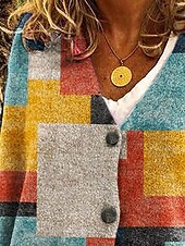 preiswerte Strickjacken und Oberbekleidung-Damen Pullover Strickjacke Mode Streetwear Täglich Karomuster Farbblock Gerippt V Ausschnitt Gestrickt Druck Langarm Normale Oberteile Stricken Ferien Ausgehen Wochenende Gelb Herbst Winter