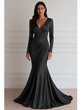 ieftine Rochii de seară sirenă-Rochie de Seară Sirenă  Trompetă Rochie Elegantă Rochie Formală de Nuntă Lungime Întreaga Mâneci Lungii Decolteu în V Rochie Satin Elastic cu Plisaje