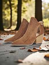 levne Cowboy &amp; Western Boots-Dámské hnědé semišové kotníkové boty s výřezem - kozačky ve westernovém vintage stylu 70. let s robustním podpatkem a bočním zipem, ideální na hudební festivaly, podzimní outfity a halloweenské