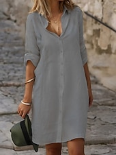 abordables vestidos de algodón y lino de diseño-Mujer Negro Blanco Azul Piscina Verano Primavera Mini vestido Vestidos de lino y algodón Vestido de Camisa Vestido de algodón blanco Vacaciones Básico Moderno Diario Fin de semana Holgado Plano