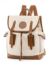 cheap College Backpacks-Women&#039;s Vintage Faux Leather Trim Backpack - Waterproof Canvas Preppy School Bag with Drawstring Closure for Teenage Girls, Students and Daily Use