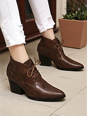 baratos Botas de tornozelo-Botas femininas retrô de cano curto com cadarço e bico fino - botas curtas de salto bloco em couro sintético para o outono, estilo urbano &amp;roupas do dia a dia
