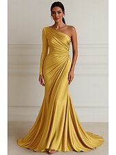 economico Rosa-Sirena / Tromba Abito da Sera Elegante Vestito Formale Matrimonio Lunghezza al pavimento Manica Lunga Monospalla Vestito Rosa Raso Elasticizzato con Pieghe 2025
