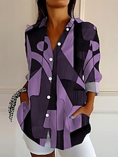 preiswerte Damen Streifen- und geometrische Oberteile-Damen Hemd Knopfverschluss Tunika Hemd Kragen Langarm Grafik Geometrisch Abstrakt Vintage Alltag Stilvoll Regular Tops Arbeit Alltag Feiertag s Print Schwarz und Weiß Pink Blau Lila Grün Frühling