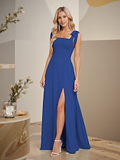 abordables Robes de demoiselle d&#039;honneur-Robe de demoiselle d&#039;honneur trapèze, col carré, sans manches, dos ouvert, longueur au sol, en mousseline, avec nœud(s)