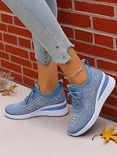 abordables Baskets femme-Baskets compensées Flyknit roses pour femmes avec détails en strass – Chaussures de sport légères et respirantes pour une tenue décontractée et la marche