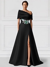 billiga Aftonklänningar-Svartgrön A-linjeformad aftonklänning elegant klänning formell bröllopsklänning golvlång kortärmad bar axelband champagnefärgad klänning till brudens mor satin med glitterficka 2025