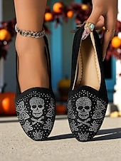 abordables Pour les femmes-Mocassins en daim noir à tête de mort pour femme – Chaussures plates gothiques à enfiler ornées de strass, chaussures confortables de style punk rock pour les fêtes d&#039;Halloween, les concerts et les sorties décontractées