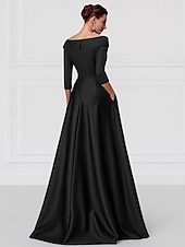economico Vestiti da sera-Abito da sera A-Line nero e oro abito elegante invitato al matrimonio lunghezza campagna maniche 3/4 colletto camicia tasca satin elasticizzato con fiore sulla spalla