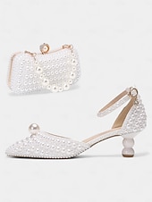 economico Formale-Set di scarpe da sposa da donna con pochette e decorazioni in perle: eleganti tacchi a spillo con cinturino alla caviglia, design con perline e borsa da sera abbinata, perfetti per matrimoni formali