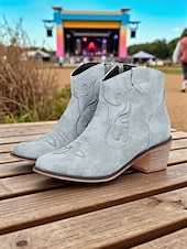 olcso Cowboy és nyugati csizma-női világoskék velúr western bokacsizma – hímzett, hegyes orrú cowboy csizma country koncertekre, fesztiválokra és szabadtéri őszi szettekhez