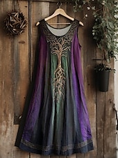 tanie Sukienki boho-Damskie Sukienka midi Sukienka letnia Sukienka A line Urlop Codzienny Boho Ślub Impreza Wyjściowe Kwiaty Graficzny Kształt listka Bez rękawów Dekolt w kształcie litery U Jasnobrązowy Jasnofioletowy