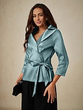 abordables Hauts habillés-Femmes Chemisier Hauts de soirée Élégant Métallique Moderne Manche 3/4 Col en V Hauts Réguliers robe demoiselle d honneur Soirée Semi-Formel Nœud devant Bleu Poudré Printemps, Automne, Hiver, Été