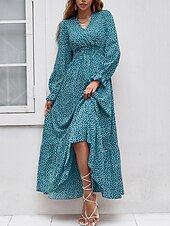 preiswerte Elegante Blumenkleider-Damen Langes Kleid Maxikleid Freizeitkleid Druckkleid Mode Modern Täglich Strand Wochenende Normale Passform Blume Langarm V Ausschnitt Schwarz Rote Blau Grün Sommer Frühling Herbst