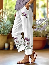 preiswerte Gerade geschnittene Hose-Damen Chinos Urlaub Vintage Lässig Knöchellang Hohe Taille Blumen Grafik Tasche Weich Außenbereich Atmungsaktiv Unelastisch Outdoor Urlaub Straße Weiss - Grün Lila Sommer Frühling Herbst Normale