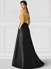 economico Vestiti da sera-Abito da sera elegante a trapezio in raso con tasche, nero, oro e bianco, formale, da sposa, lungo fino al pavimento, manica a mezza manica, con scollo a V e arricciato, 2025