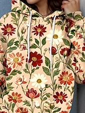 baratos Tops Florais-Mulheres Pulôver Moletom Com Capuz Floral Gráfico Elegante Quente Ativo Manga Longa Com Capuz Tops regulares Rua Dia a Dia Casual Imprimir Castanho Avermelhado Primavera Outono Inverno