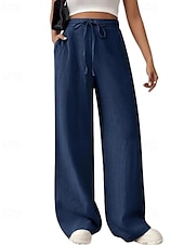 abordables jambe large et taille haute-Femmes Jambe large Slacks Streetwear Occasionnel Longueur complète Naturel Uni Avec Poches Conception à cordon élastique Confortable Rue Tenue quotidienne Week-end Noir Rose Vert Véronèse Bleu Automne