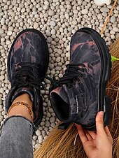 cheap Combat Boots-Women&#039;s Tie-Dye Canvas Work Boots with Chunky Sole – Casual Lace-Up Outdoor Boots for Harvest Festival, Farm Work and Fall Outings