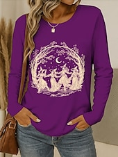 abordables Hauts d&amp;#39;Halloween-Halloween Femmes T-shirt Graphique Sorcière ancien Élégant Classique manche longue Col ras du cou Col rond Hauts Réguliers Quotidien Week-end Imprimé Noir Vin Bleu Violet Vert Printemps Automne