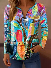 abordables T-shirt Animaux-Femmes T-shirt Graphique Chouette Élégant ancien Classique manche longue Col en V Hauts Réguliers Quotidien Week-end Fermeture éclair Imprimé Rose Claire Bleu Orange Vert Printemps Automne