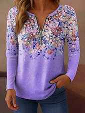 cheap Floral tee-Women&#039;s T shirt Long Sleeve Quarter Zip Long Sleeve Casual Floral Graphic Gradient Elegant Vintage Stylish V Neck Regular Tops Daily Yellow Pink Blue Purple Green Spring Fall Prefall