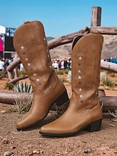 cheap Cowboy &amp; Western Boots-Women&#039;s Brown Western Cowboy Boots with Star Embroidery - Comfortable Block Heel Ankle Boots for Country Music Festivals, Outdoor Events, and Everyday Wear