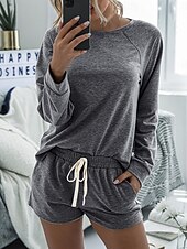 tanie Damskie krótkie komplety-Damskie Moda Moda miejska Codzienny Zestawy spodenek Długi rękaw Półgolf Równina Ściągana na sznurek Codzienny Czarny Rumiany róż Królewski błękit Lato Luźna
